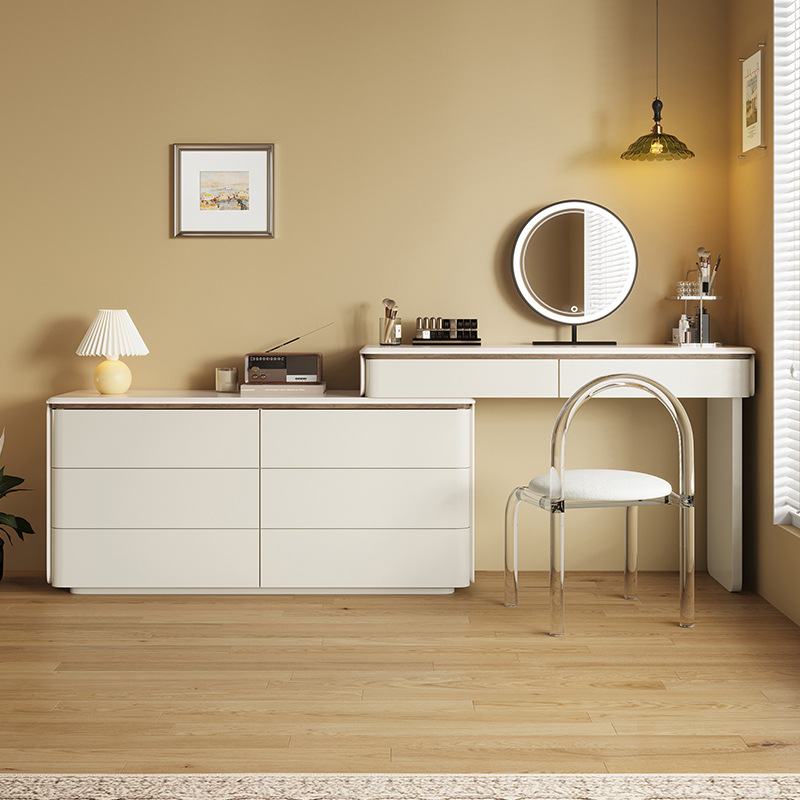 Italian Minimalist Dressing Table Storage Cabinet Cupboard Integrated Bedroom Wabi-Sabi Style Simple Bedside Retractable Dressing Table Solid Wood