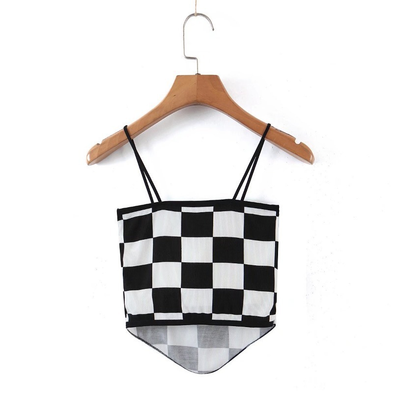 slim Checkerboard Abdominal Triangle Hem Sling Top NSXDX117547