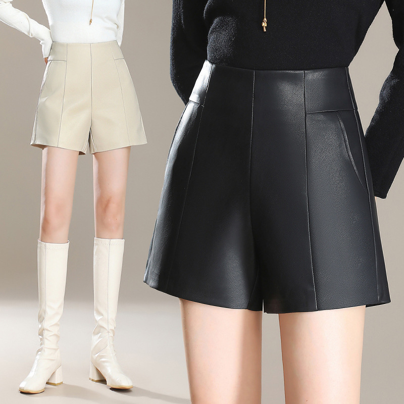 High-End Sheepskin A-Line Shorts for Women, Versatile Korean Style, High-Waisted, Slim Fit, Fashionable Leather Pants for Petite Figures, Autumn and Winter Collection
