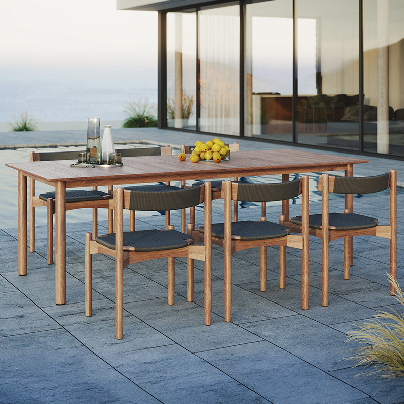 Mesa y silla de teca al aire libre, patio impermeable, protección solar, mesa y silla de comedor de madera maciza, muebles de diseño, combinación de tela de caña al aire libre