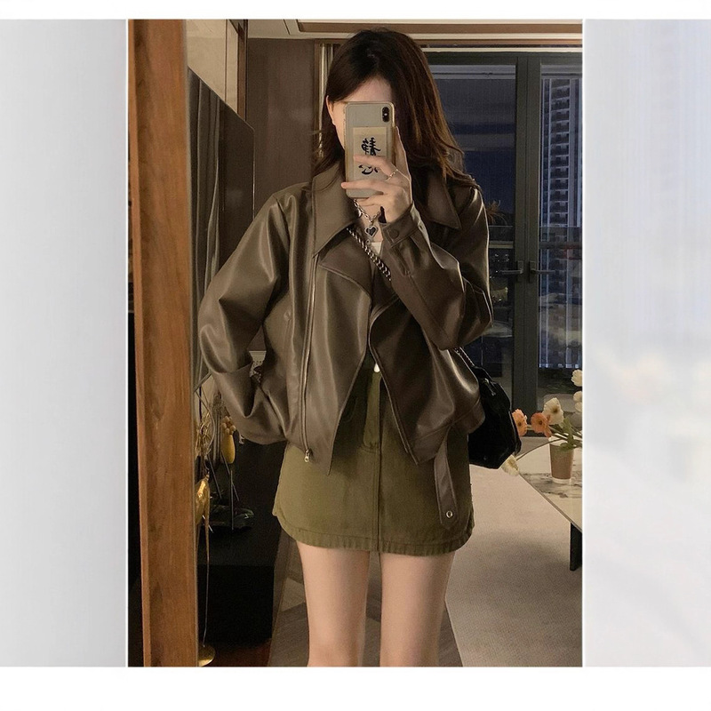 美式复古pu皮衣外套女2025春秋小个子宽松显瘦机车服短款夹克上衣|undefined