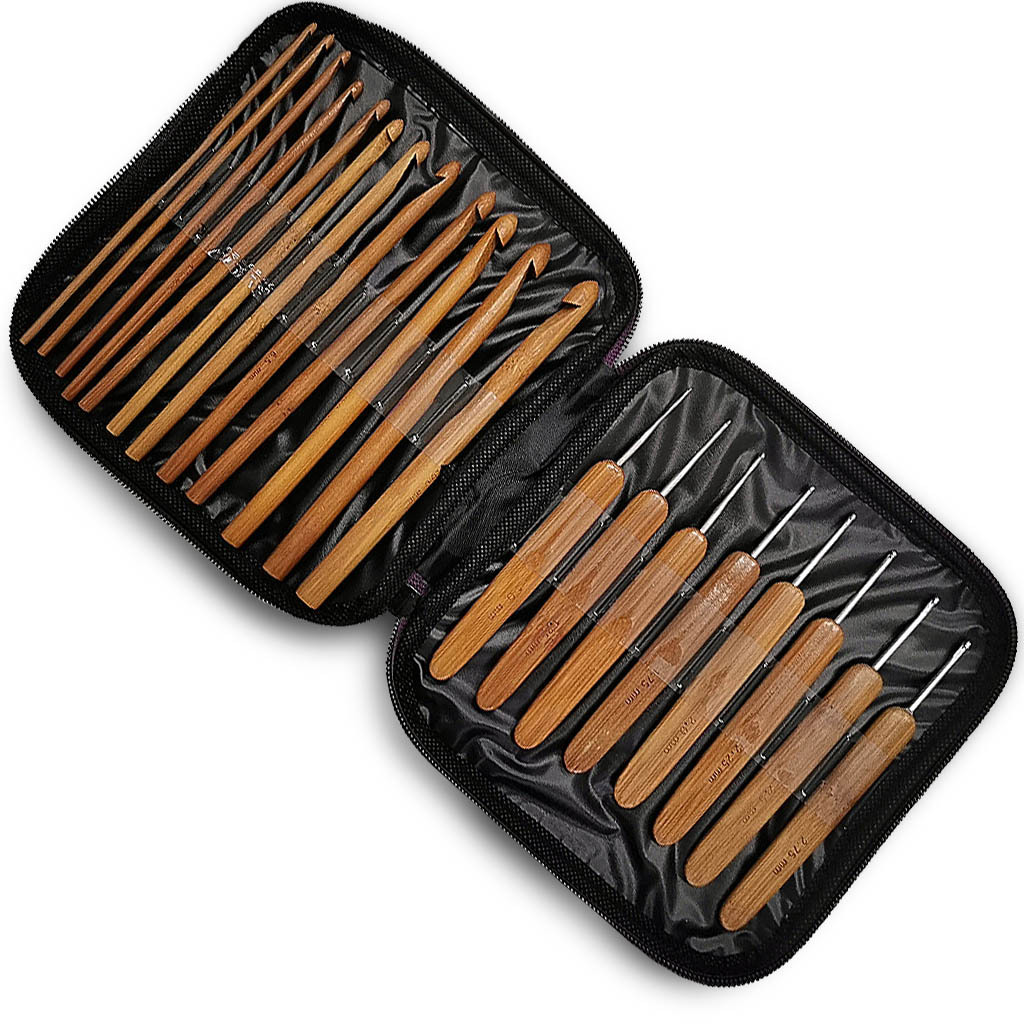 Herramienta de tejido, aguja de suéter, mango de bambú carbonizado, ganchillo redondo, paquete morado, ganchillo de bambú, paquete de 20 PU