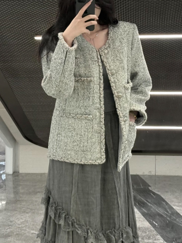 法式富家千金高级感轻奢银灰小香风外套女秋冬新款小个子气质上衣|undefined