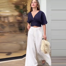 2024秋季新款欧美亚马逊跨境女装纯色V领束腰尚印高腰阔腿裤套装