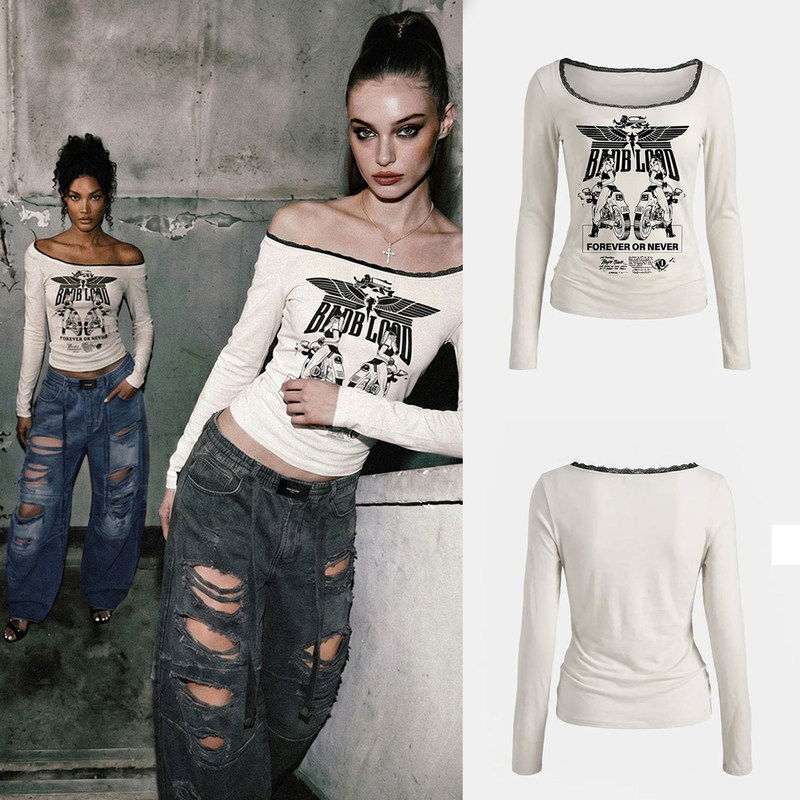 Badblood Bcac Series American Style Spicy Retro Round Neck Long-Sleeved T-Shirt for Women Niche Casual Sexy Top Trendy