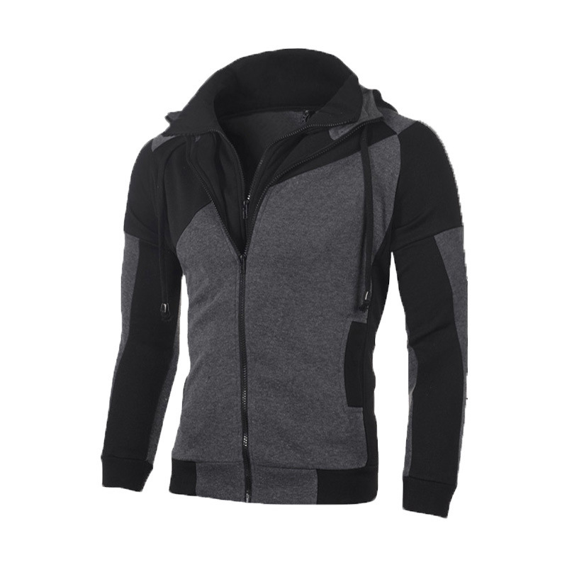 Men's Clothing Personalized Colorblock Double layer Zipper Hooded Cardigan Slim Sweater _voghion.com