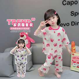 女童冰丝睡衣夏季套装女宝宝可爱超萌儿童中小童空调服薄款家居服
