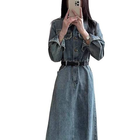 韩系高个子复古牛仔连衣裙潮女春秋新款气质收腰显瘦百搭法式长裙|undefined
