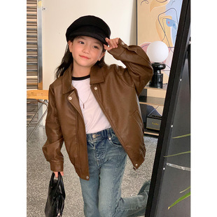 Girls' Leather Jackets 2025 Autumn New Korean Style Trendy Children's Motorcycle Pu Leather Jacket