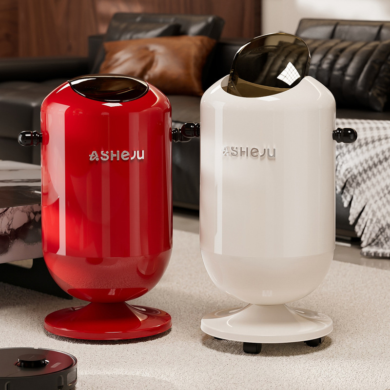 High-end, stylish flip-top trash can for home use in the living room, with a luxurious design, tall model, movable paper basket, and automatic suction feature