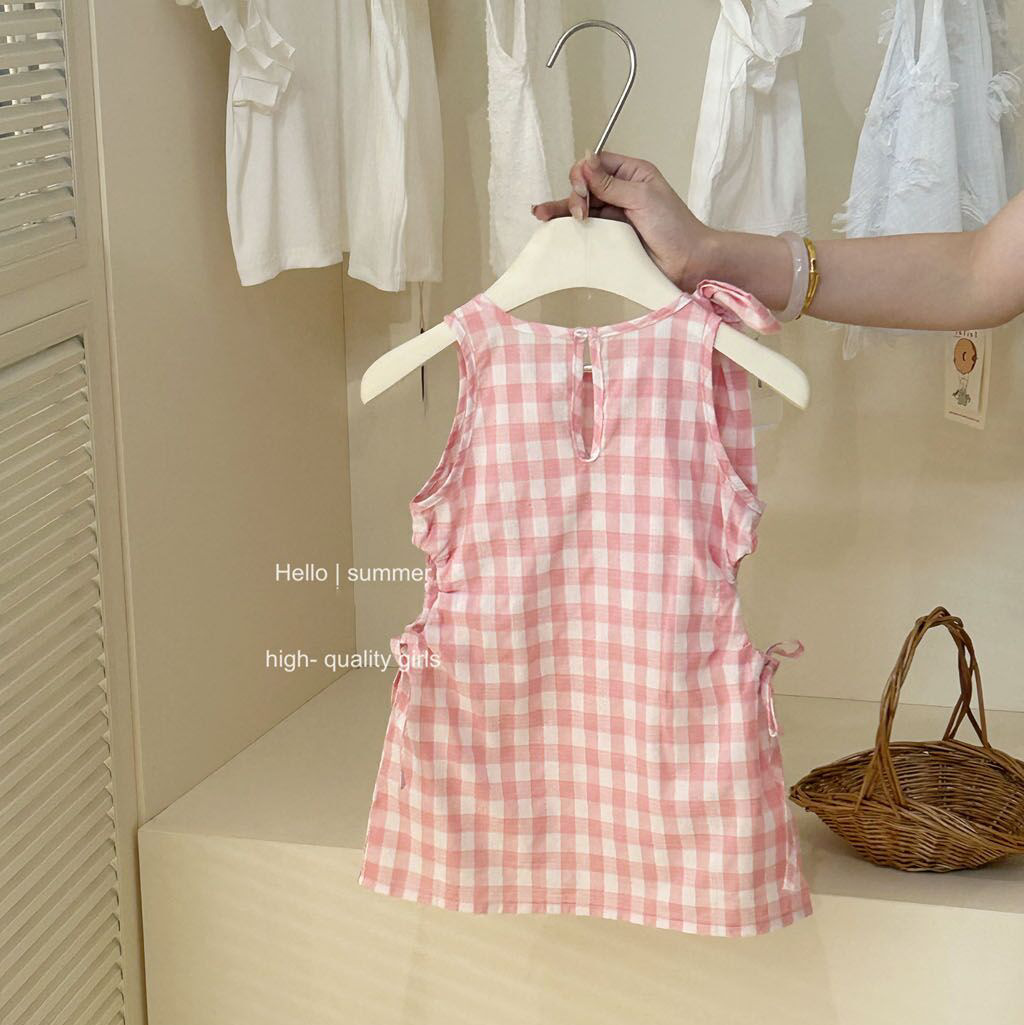 [Xianning Seven] Verano para niñas nuevo estilo rosa y blanco lazo chaleco falda bebé estilo occidental vestido coreano marea