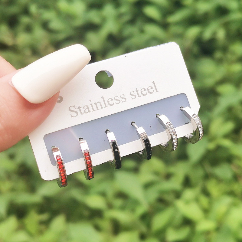 Fashion Round Titanium Steel Inlay Rhinestones Hoop Earrings 3 Pairs