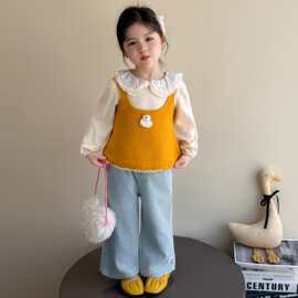 女童套装2025秋季新款儿童洋气时髦毛线马甲娃娃领衬衫牛仔裤套装
