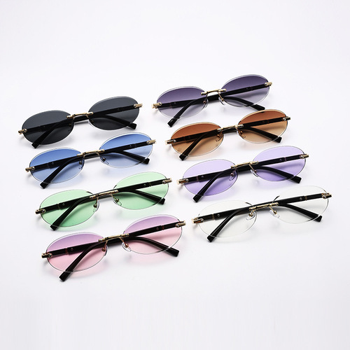 1584 New European and American Trendy Cut-edge Personalized Oval Sunglasses 2024 New Frameless Hip-hop Sunglasses for Girls
