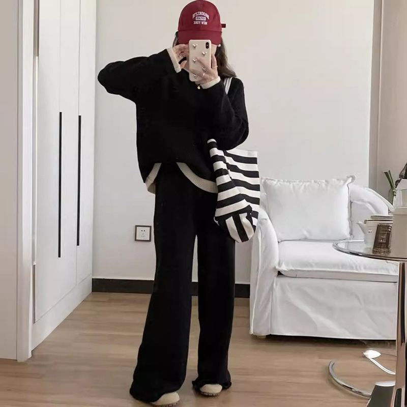 (2개) 대조 컬러 캐주얼 페이크 2 피스 루즈 라운드 넥 니트 세트 가을과 겨울 새로운 탑 와이드 레그 바지 투피스 여성용 의류