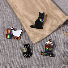 卡通彩虹色动物猫胸针 可爱多彩旗子黑猫咪鸭子 衣饰趣味配饰徽章