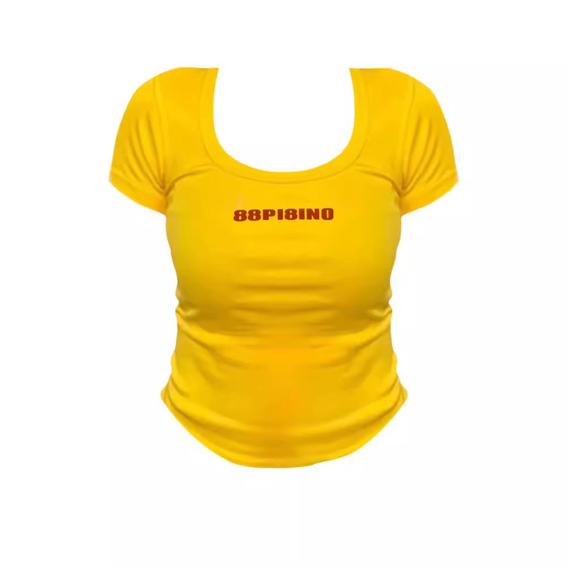 plus size chubby girl Yellow Printed T-shirt Women's Short Tight Short-sleeved 2024 Summer Navel-exposed U-collar Shoulder Hot Girl Trendy Top