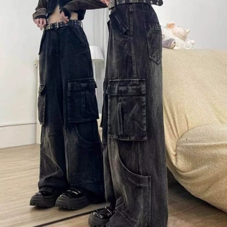 美式高街设计感工装牛仔裤女春秋款复古高腰直筒宽松垂感阔腿裤子