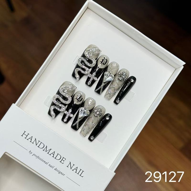 【純手作りのつけ爪29-32】ロングフレンチキャットアイパッチ付け爪、取り外し可能なネイルアートコレクション|undefined