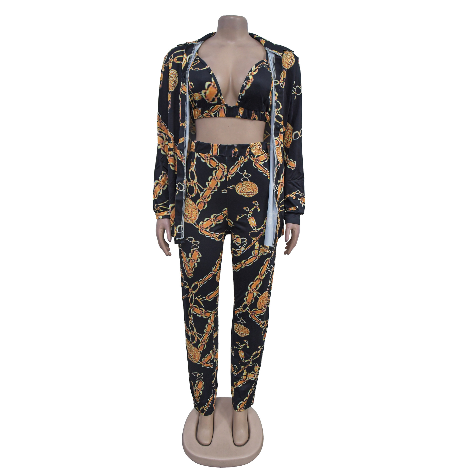 Women's Pant Set With Long Sleeved Collared Jacket And Trousers_voghion.com