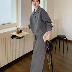 灰色运动休闲条纹拼接卫衣套装女2025秋季新款设计感阔腿裤两件套