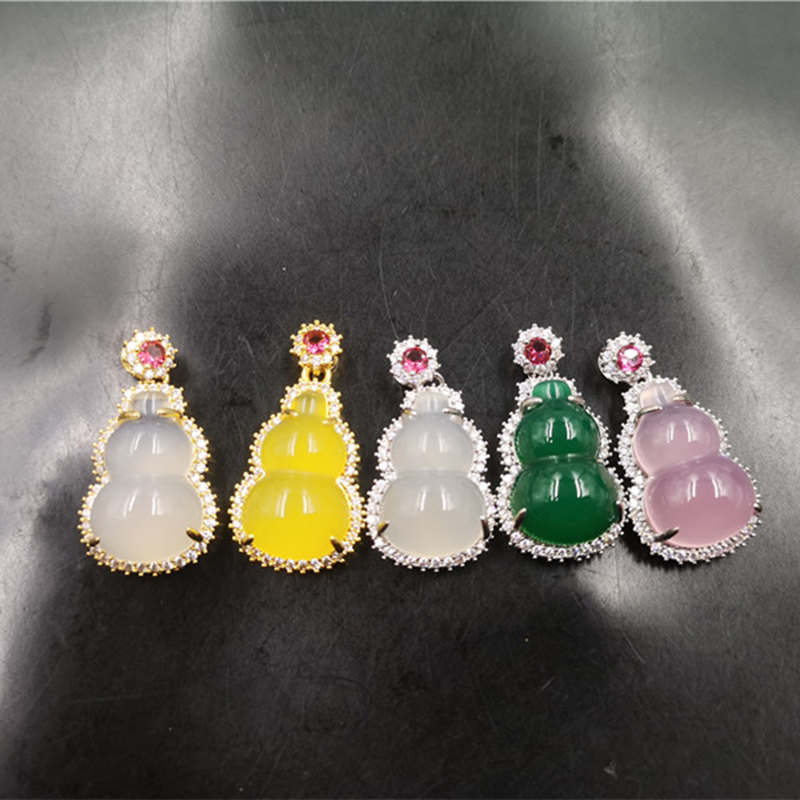 萬玉批發 925銀鑲嵌綠玉髓葫蘆吊墜 冰白色瑪瑙葫蘆挂件 玉墜