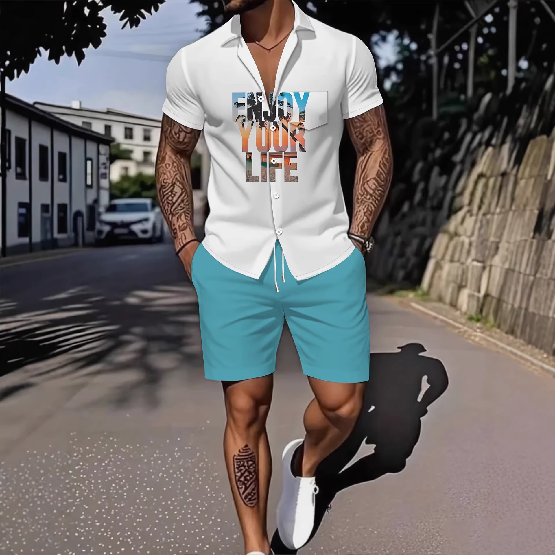 Men's Clothing Men's Breathable Loose Fit Short Sleeve Shirt Set Letter Print Casual Commuter Two Piece Summer Style_voghion.com