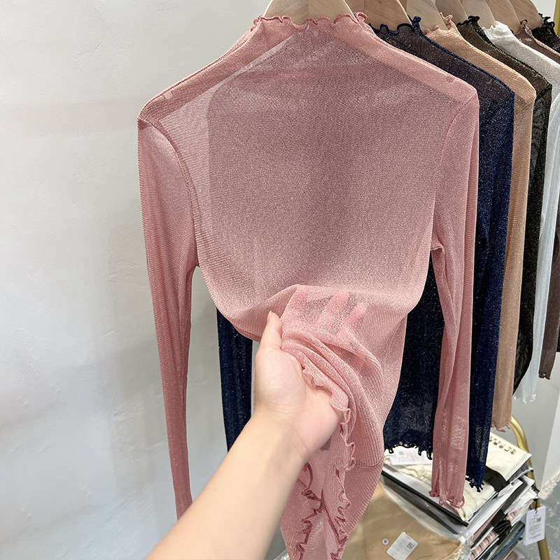 女性用ハーフタートルネックブライトシルクメッシュボトムシャツ、薄いガーゼシャツ、スリムフィット長袖コーヒー色のインナー、透明レーストップ|undefined