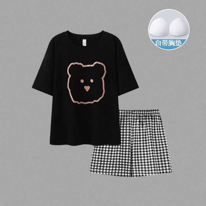Venta al por mayor transfronteriza con almohadilla para el pecho pijamas de verano para mujer pantalones cortos de manga corta lindo abrigo de oso traje de servicio a domicilio coreano algodón de imitación