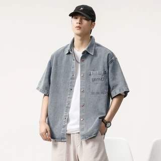 美式复古简约牛仔短袖衬衫外套男生夏季2025新款高级感痞帅寸衣服