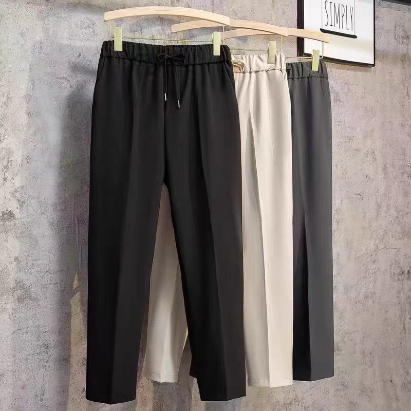 1 Men's Nine-point Summer Thin Draped Suit Pants Simple Solid Color Lace-up Straight Casual Trousers_voghion.com