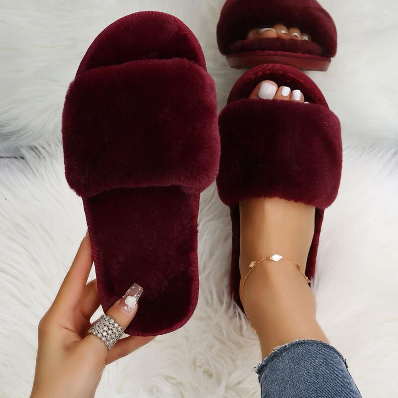 Foreign Trade Furry Slippers for Women Autumn and Winter New Indoor Lazy One-Word Plush Slippers Flats Cotton Slippers Home Wholesale
