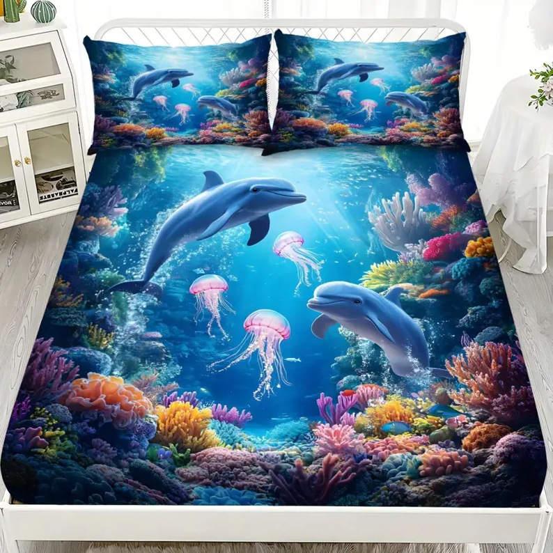 TEMU / JIT textil doméstico transfronterizo bajo el mar pequeño patrón temático de animales de impresión digital de alta definición cama de cama de cama