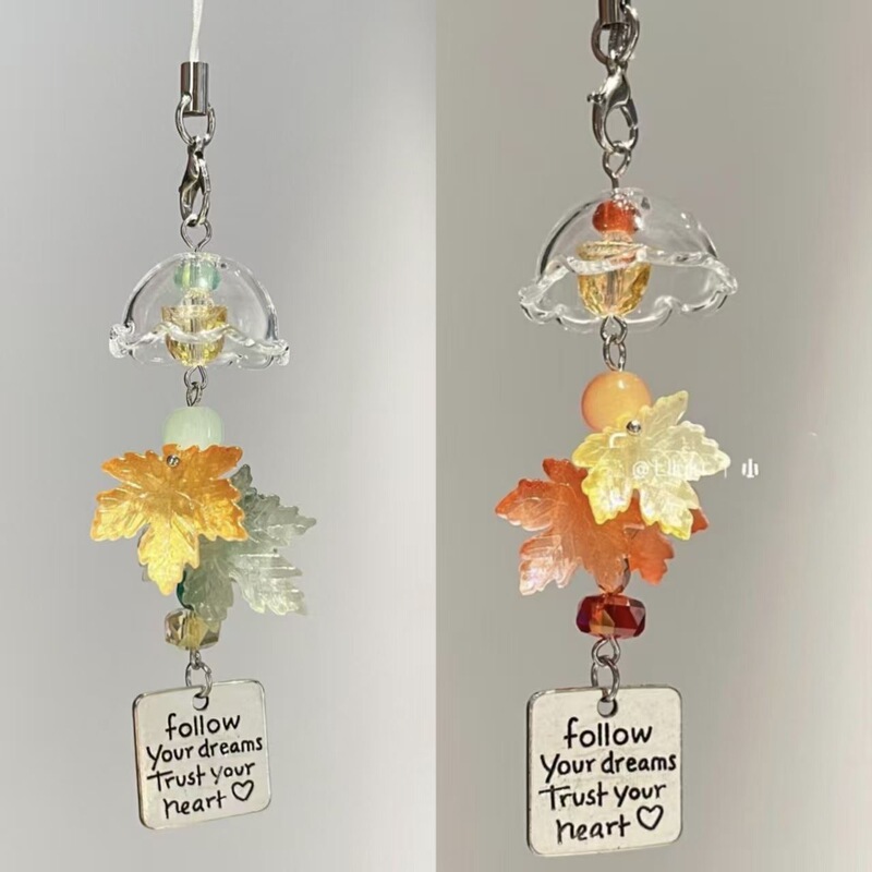 Autumn Maple Leaf Mobile Phone Chain Ccd Wind Chime Pendant Pendant School Bag Keychain Cute High-Looking New Hanging Chain