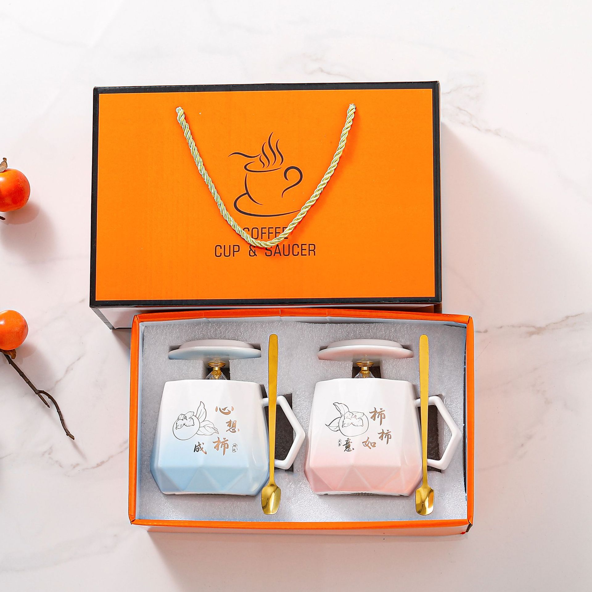 Juego de regalo de taza térmica con diseño de caqui, con logotipo personalizado, taza de cerámica como recuerdo
