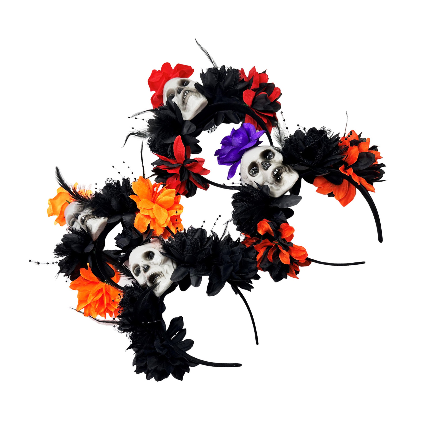 Día de los Muertos Diadema de Calavera Fiesta cos Tocado de cos Diadema de flor artificial de Halloween Tocado de cráneo de terror oscuro