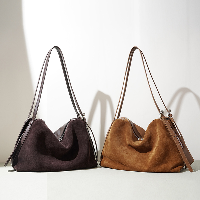 Matte Suede Boston Handbag For Women New Retro Large Capacity Tote Bag Fashion Versatile Genuine Leather Shoulder Bag - Thumbnail 3