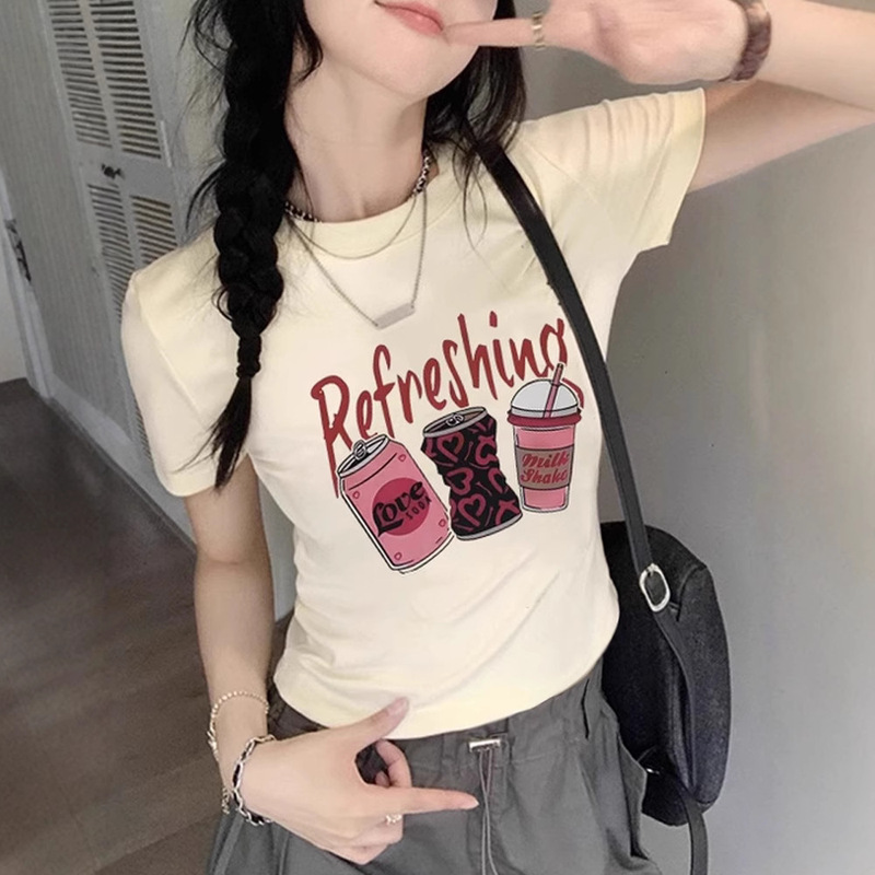 Short-Sleeved T-Shirt for Women Summer 2025 New Style Right Shoulder Sweet and Spicy Cartoon Print Design Top Age-Reducing Versatile Short-Sleeved