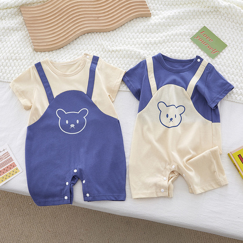 Summer Short Sleeve Crawling Suit for Newborns, Pure Cotton, Unisex Baby, Breathable Cartoon Bear, Thin and Breathable Onesie