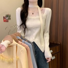 春季新款设计感小众纯欲拼接毛毛方领开叉针织衫女打底衫长袖上衣