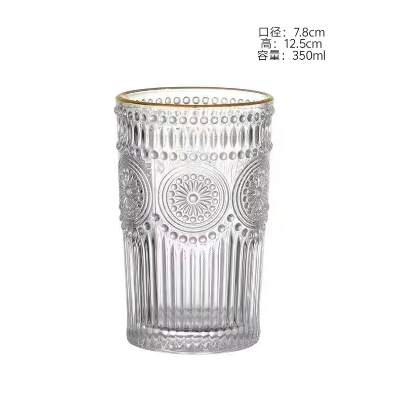 Taza de cristal de flores de sol retro red taza de agua en relieve de alto valor de la cara taza de café taza de leche de avena con mango taza de agua