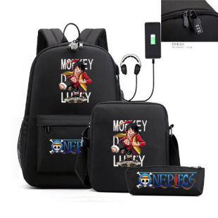 Cartoon Day Man One Piece USB Combination Lock Backpack Student Schoolbag Shoulder Bag Pencil Case Three-piece Set for Men and Women