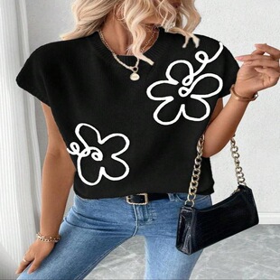 R 29836 White Floral Knit T-Shirt �������T�� �W���羳