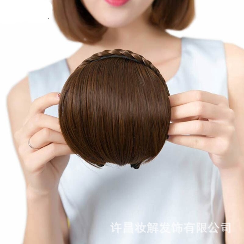 Factory wholesale foreign trade spot synthetic braid headband with bangs fake hair piece fake head curtain Liu Hai hair band one
