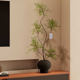 电视柜旁绿植落地装饰摆件假树植物大型软装原木风美陈