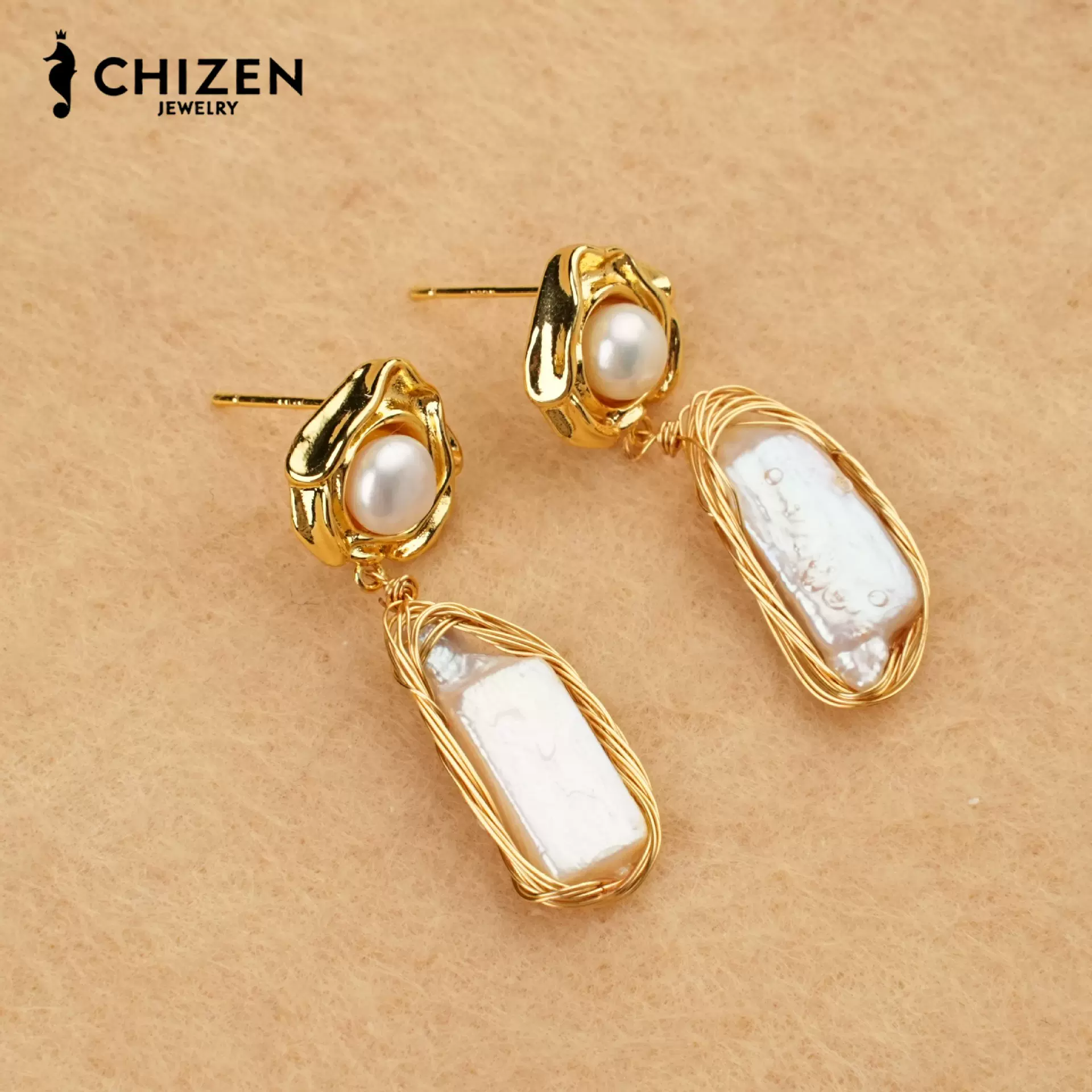 跨境工厂复古金色镂空天然淡水珍珠耳钉天然淡水珍珠耳饰饰品