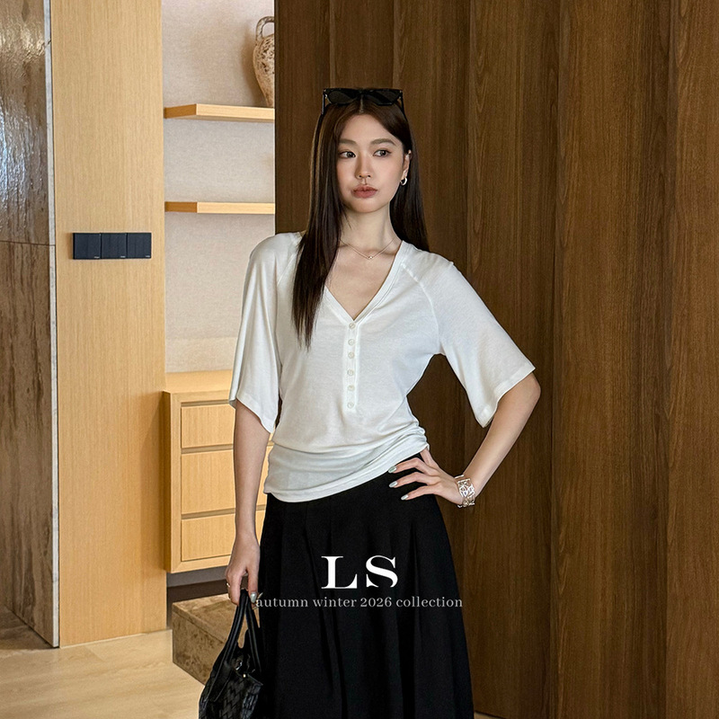 【LS New Brand】Black Label Minimalist Luxury Brand New Autumn Minimalist Casual Fashion Versatile Women's T-shirt 30759 #