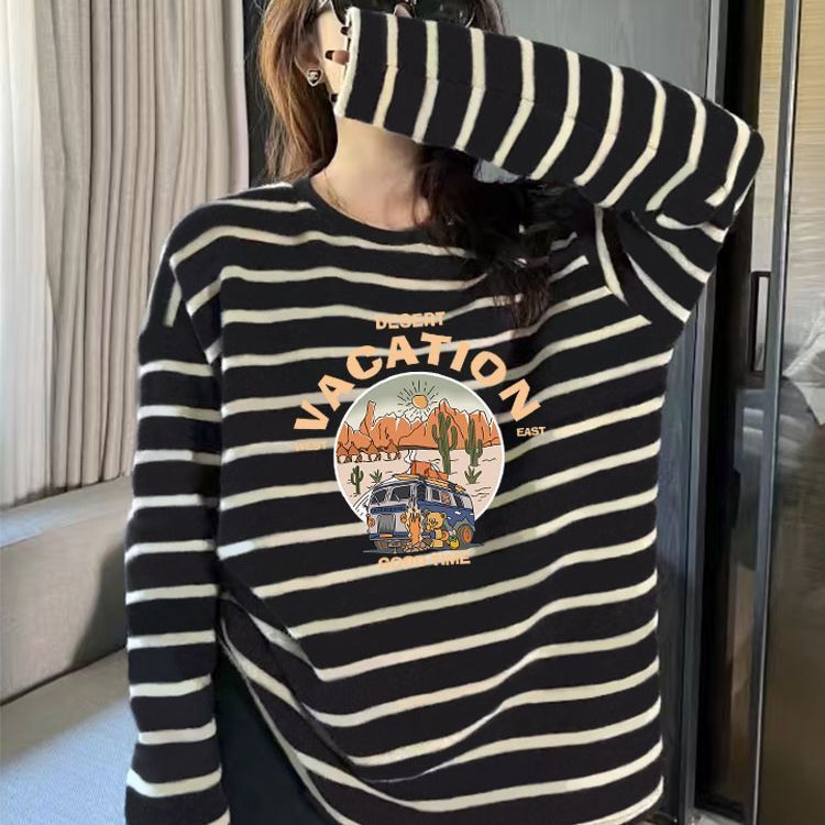条纹设计感纯棉圆领长袖t恤女韩版宽松时尚百搭减龄上衣春秋季潮|undefined