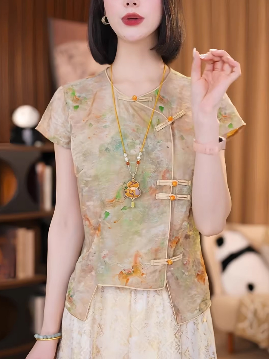 Áo sơ mi nữ ngắn tay lụa Jacquard Guofeng nút áo nhỏ Hương Vân Sa — Màu ảnh