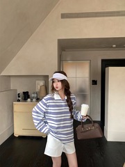 2025新款设计感条纹Polo领长袖T恤女装秋季休闲宽松显瘦百搭上衣